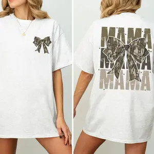 Mama Camo Coquette Bow Shirt Old School Camo T-shirt, Simply Printed Graphic Shirt, Daily Casual Cotton Womenswear