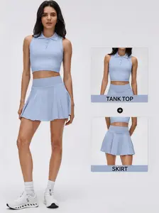 Women’s polo collared sports tank top, summer outdoor fitness wear, yoga tennis skirt, running training short skirt set