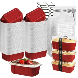 mini loaf pans with lids and spoons 50 Pack, 5.5 oz Rectangle mini individual cake tins Disposable Small Aluminum Foil Baking pans, Red