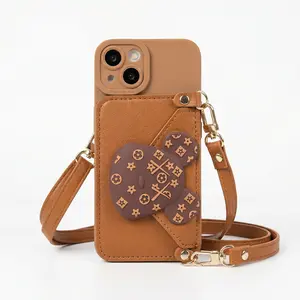 Crossbody Wallet Phone Case for iPhone 16 Pro Max 15 14 13 12, Cute Bear Design Leather Card Holder Case with Kickstand & Lanyard, Shockproof Protective Cover