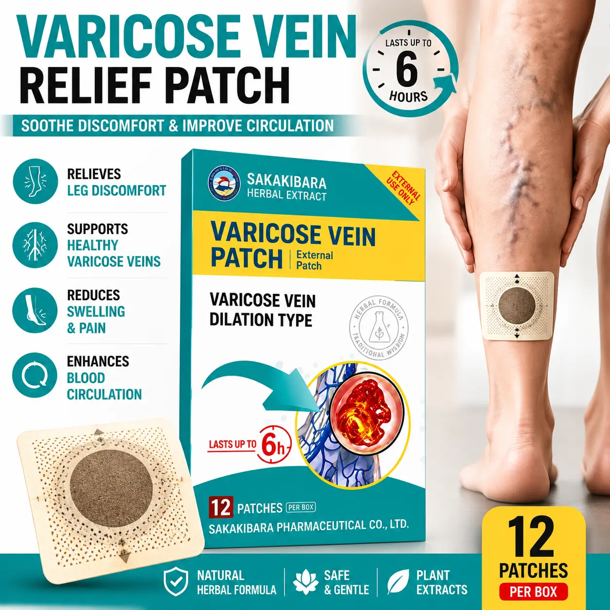 （Buy 1 Get 1 Free）Varicose Vein Patch for Legs, Natural Herbal Leg Support Patch for Circulation & Daily Comfort, Cooling Relief Patch for Tired Legs, 12 Patches