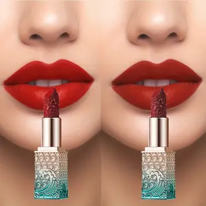 Waterproof Moisturizing Matte Lipstick - Elegant Non-Stick Formula in 2 Vibrant Red Shades for All Skin Types, Longlasting Lipwear with Intricate Carved Tube Design