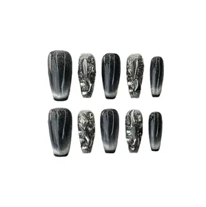 Gothic Black-Silver Medium Coffin Press On Nails With 3D Crystal And Glitter Accents, Handmade Reusable Acrylic Fake Nails For Edgy Style