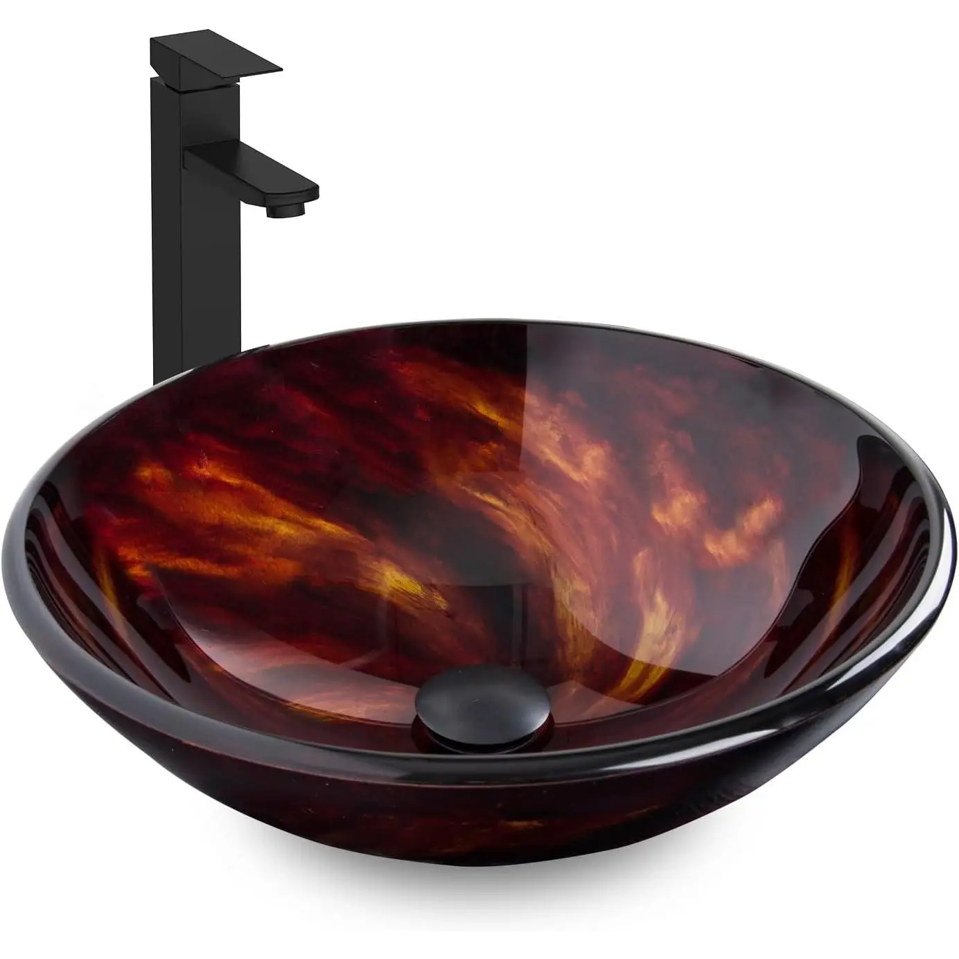 Bathroom Artistic Vessel Sink, Tempered Glass  Round Bowl with Black Faucet and Pop up drain Set, Flame Red