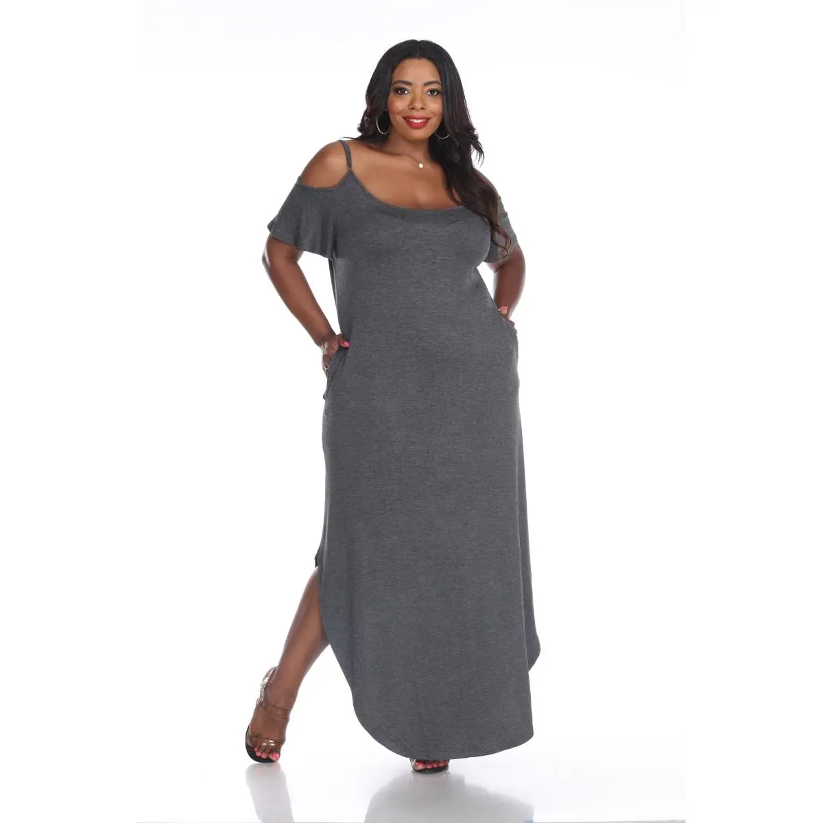White Mark Maternity Soft Stretch Maxi Dress, Bump-Friendly Cold Shoulder with Ruffle Sleeves, Spaghetti Straps, and Pockets, Maternity Wear