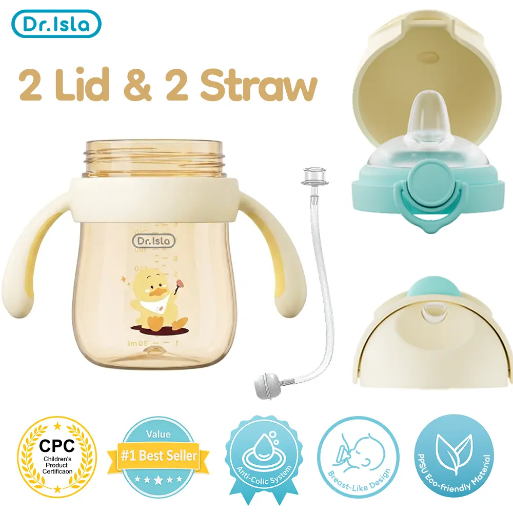 Dr.Isla PPSU Leakproof Sippy Cup, 9oz/240ml, 2-in-1 Baby Training Cup for 6–12 Months & 1–3 Years, Weighted Straw with Gravity Ball, Anti-Slip Handles, Spill-Proof & Anti-Choke Design, Cute Duck Style, BPA-Free #summervibes