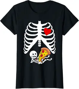 Womens Pregnancy Announcement Halloween X Ray Skeleton Baby Pizza T-Shirt - Yoandymira Shop 88B08L6G5V6T