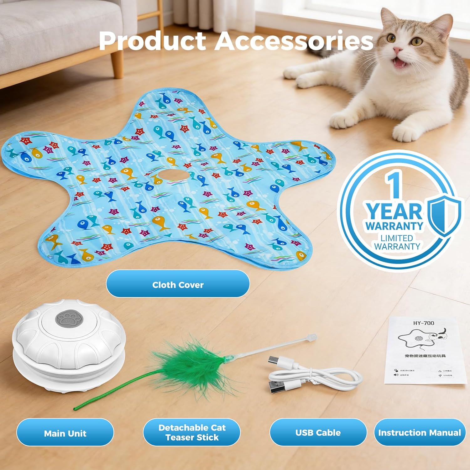 Rechargeable Hide & Seek Cat Toy – Interactive Kitten Toy with 2 Wands, 3 Modes, 10-Min Auto-Sleep & Realistic Mouse Sounds