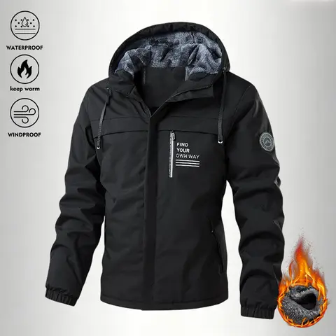 Men's Fitted Hooded Zip-Up Plain Polyester Cozy Fleece-Lined Insulated Sports Jacket - Thick, Comfortable, Normal Type Outdoors Outerwear for Autumn Winter Casual Wear, Machine Washable, Insulated Outerwear