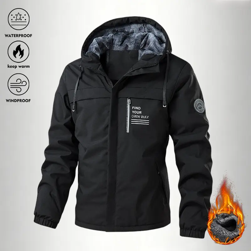 Men's Fitted Hooded Zip-Up Plain Polyester Cozy Fleece-Lined Insulated Sports Jacket - Thick, Comfortable, Normal Type Outdoors Outerwear for Autumn Winter Casual Wear, Machine Washable, Insulated Outerwear