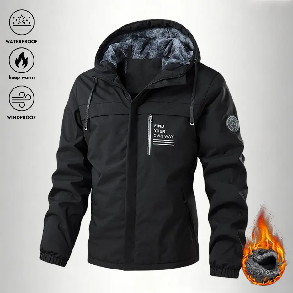 Men's versatile warm sports jacket, autumn and winter new fleece-lined thick outdoor casual hooded coat, men's comfortable zip-up overcoat, suitable for leisure wear in autumn and winter.