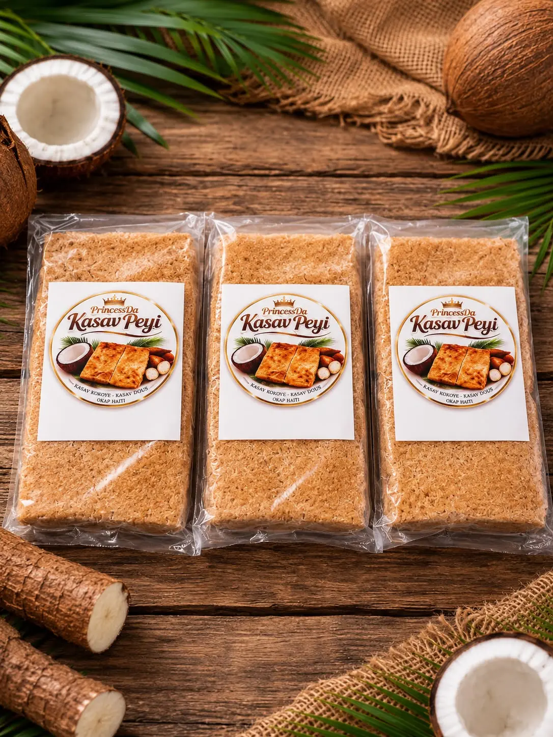 3 Haitian Kasav Snacks, Sweet Coconut Nata Crisps (Puffed Snack)