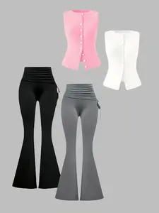 Fashion Round Neck Solid Color Sleeveless Button Cardigan Slim Summer Versatile Top Fold Drawstring Skinny Wide Leg Pants Four Piece Set