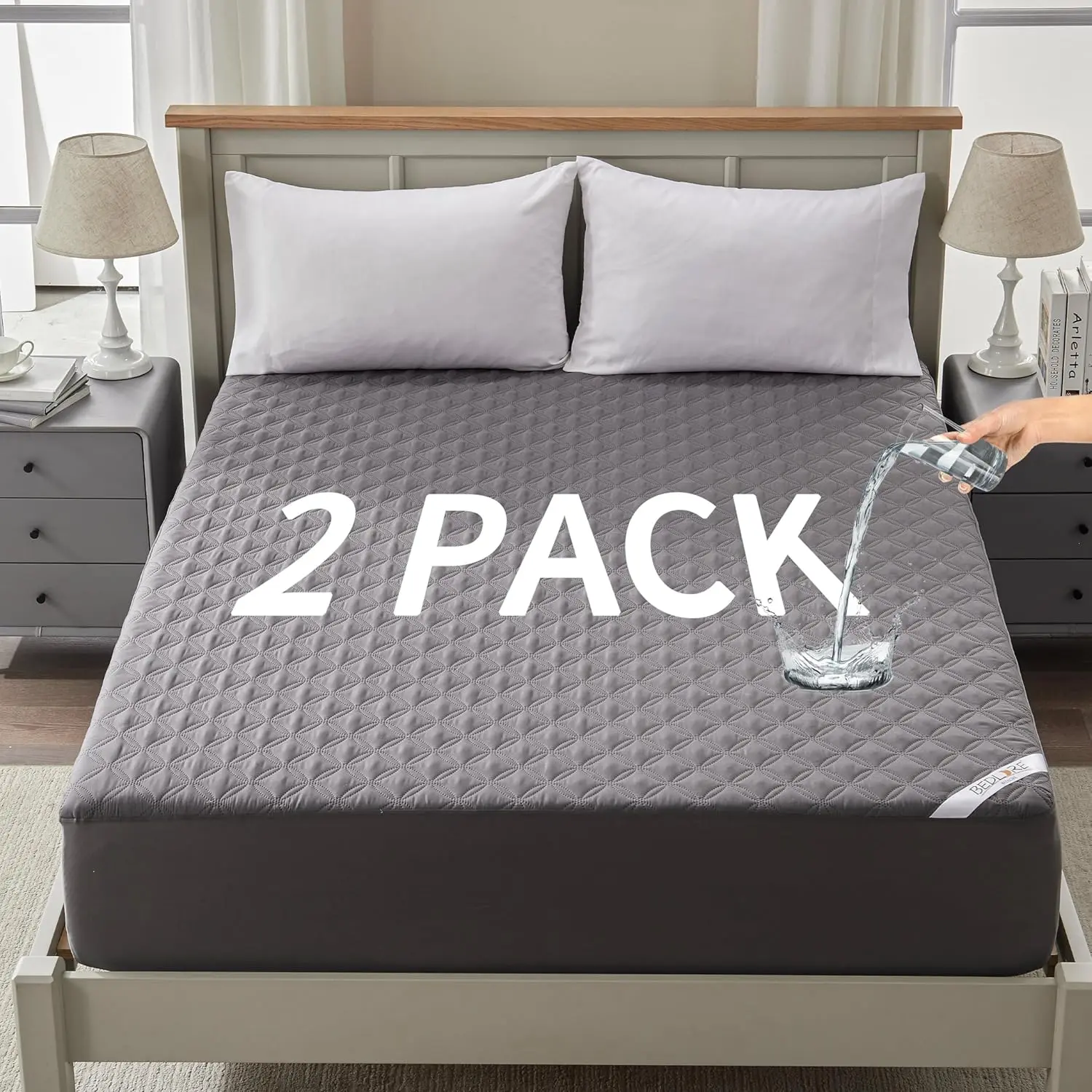 Gray Queen Size Mattress Protector 2-Pack, Waterproof, Noiseless, Machine Washable, Soft Breathable Dirt-Proof Deep Pocket Mattress Cover, Fits 6"-18" Inches for Home Bedroom Use