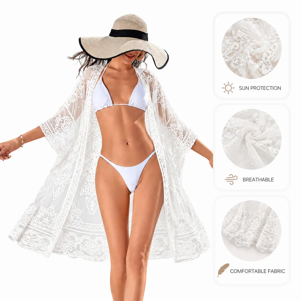 Women’s Lightweight Sheer Lace Shawl Cardigan - 220 g, 33.1 in, 1 Size Breathable Open-Front Cover-Up with Engagement & Romance Vibes for Beach, Vacation