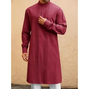 Men's Kaftan Robe Button Long Sleeve Cotton Linen Thobe Casual Muslim Gown Henley Shirt