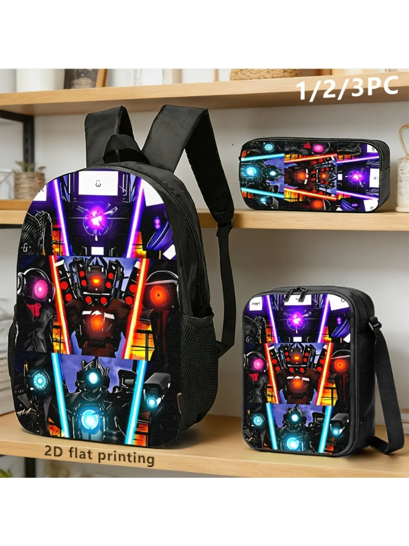 3pcs Sci-Fi Mech 2D Print Backpack | Vibrant Colors, Futuristic Style, Ideal For Daily Commute, Travel, Or Tech Enthusiasts, Made Of Oxford Material By Aiky