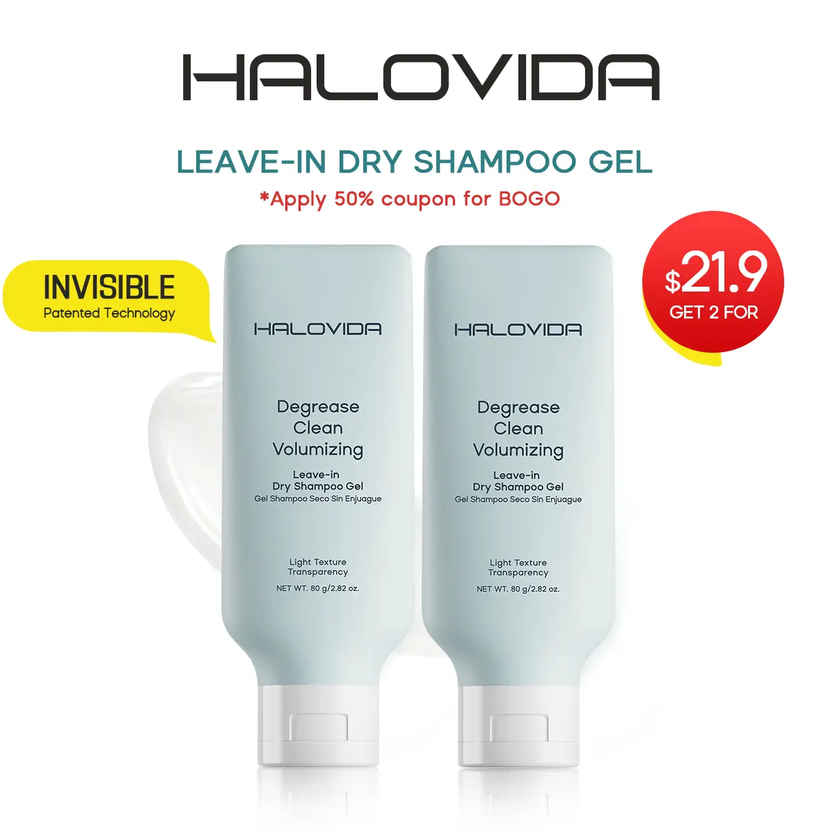 Halovida Leave-in Light Hair Dry Shampoo Gel 2.28oz,4D hyaluronic acid,Silk protein,Instant Oil Absorption,Invisible Volume Boost,Long-Lasting Oil Control,Safe & Clean Formula,Perfect for On-the-Go,Cleanser & Haircare