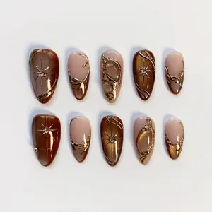 403.BSI Home Supplies Golden Cocoa Marble Press-On Nails, Glossy Brown and Nude Tones with 3D Gold Metal Lines, Elegant Handmade Nail Art for Winter Party Looks