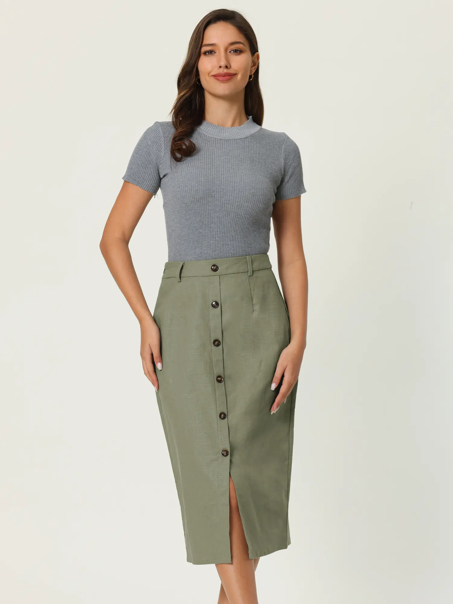 INSPIRE CHIC Women's Button Front Skirts Slit Midi Linen Pencil Skirt