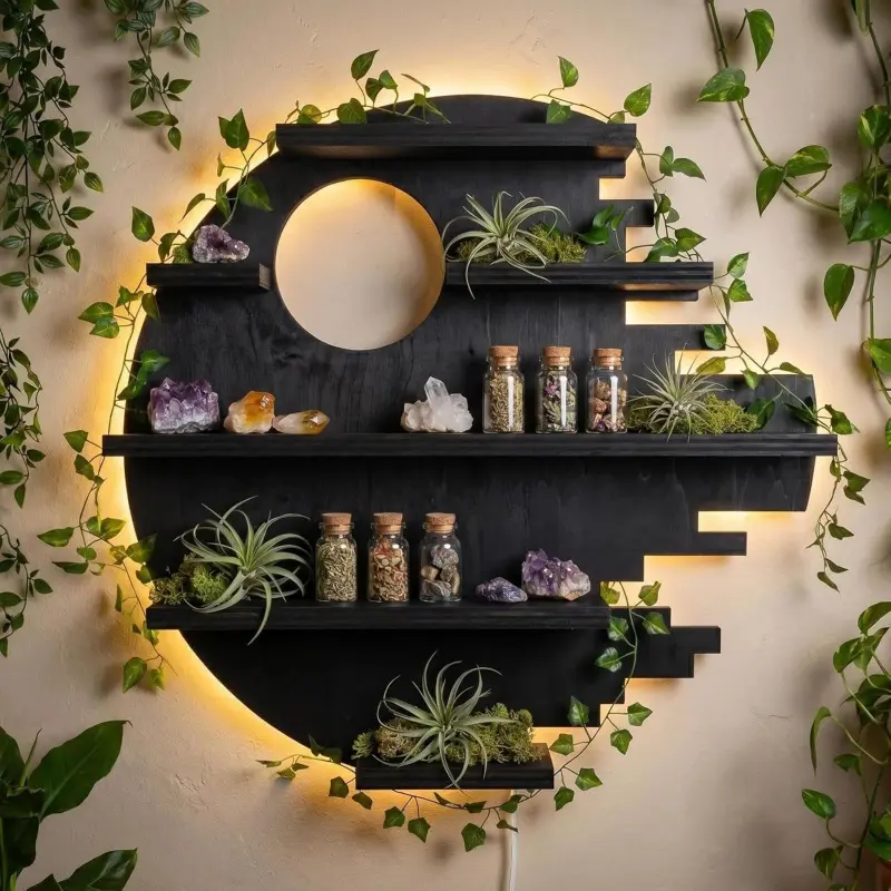 LED Crystal Shelf for Wall, Wooden Floating Shelves with Light, Crystal Display Shelf for Healing Stones, Rock Gem Organizer, Witchy Wall Decor for Essential Oils, Trinkets, Boho Room Aesthetic