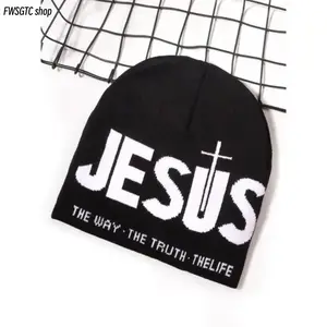 Unisex Y2K letter jacquard knit beanie features cross and heart print. Soft stretch material locks in warmth, one-size-fits-all design. Trendy streetwear ideal for outdoor sports and cold daily outfits.