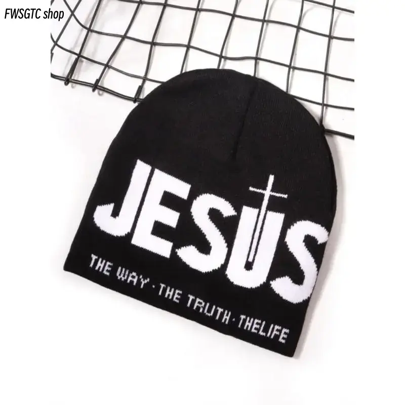 Unisex Y2K letter jacquard knit beanie features cross and heart print. Soft stretch material locks in warmth, one-size-fits-all design. Trendy streetwear ideal for outdoor sports and cold daily outfits.