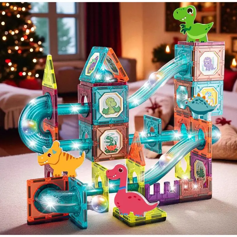 110PCS BPA-Free Dinosaur Magnetic Tiles Stacking Blocks Figures Combo Set - Light-Up Slides, Light-Up Tracks, Glow Ball Run, STEM Educational Track, Creative Construction Toy, Holiday Gift for 3-4 Years Old Kids