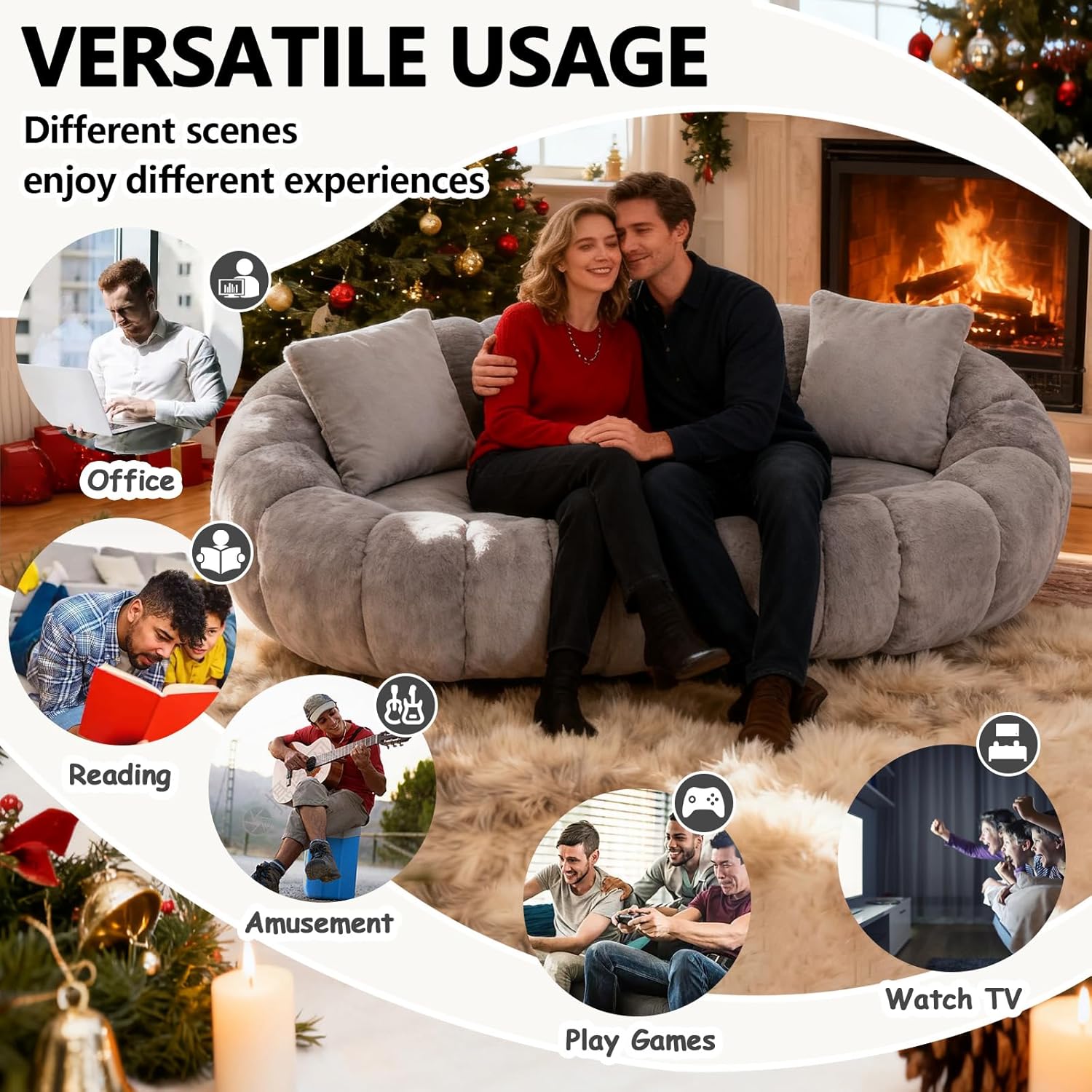 Fluffy Bean Bag Loveseat, Cloud Giant Bean Bag Couch for Adults with Filling and 3 Pillow, Soft Faux Fur Floor Sofa & Cozy Reading Chair for Bedroom, Living Room, Apartment (Grey, Lovesear)