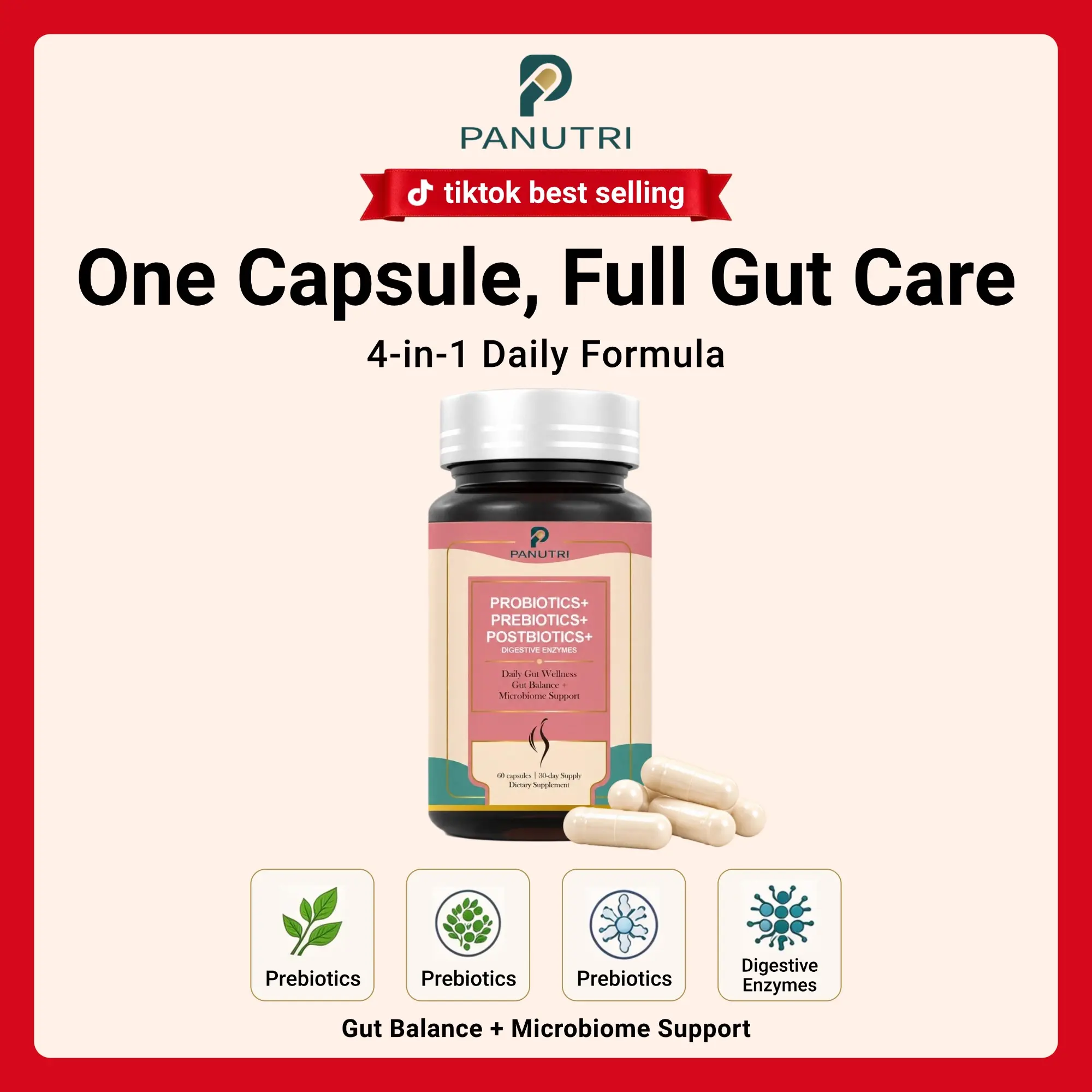 PANUTRI Daily Probiotics for Adults, 50 Billion CFU, 60 Capsules, with Prebiotics, Postbiotics, Digestive Enzymes, Zinc, Vitamin D3 & Fiber, Gut, Digestive & Immune Support, Gluten-Free