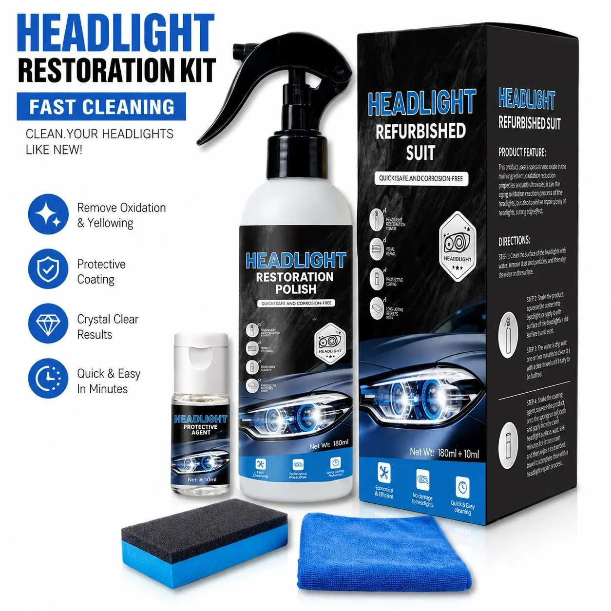 Car Headlight Restoration Kit for Removes Stains,Oxidation,Scratches,Polishes,Cleans,Maintains Headlight Housing,Care Tools