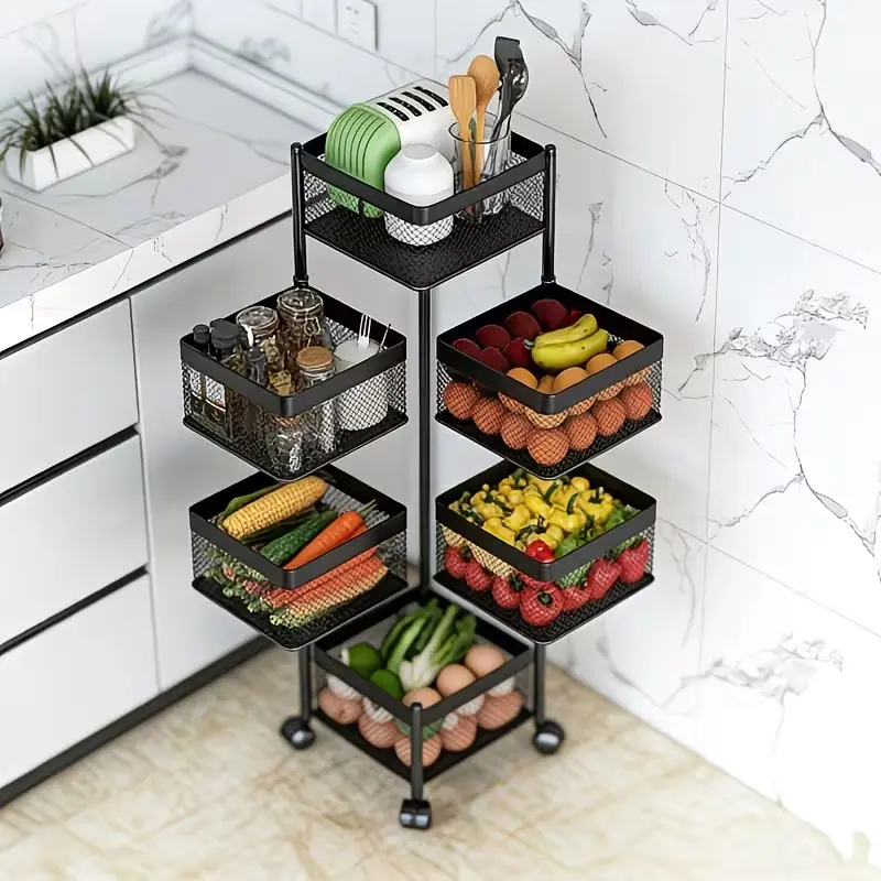 Rotating Kitchen Storage Shelf 5 Tier – Metal Storage Basket Trolley on Wheels