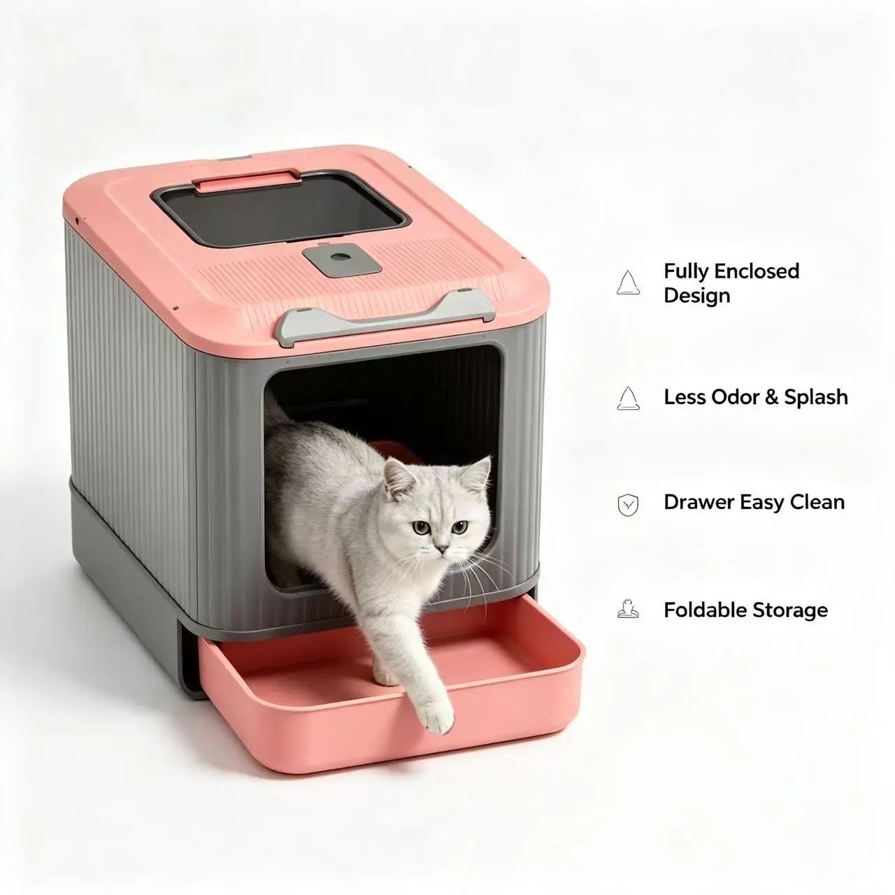 Enclosed Foldable Cat Litter Box with Pull-Out Drawer, Large Space Anti-Spill Kitty Litter Tray for Indoor Cats odor control bin waste non-stick bottom affordable pet products supply b2b regular