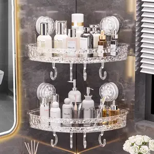 (Suitable for Smooth Surfaces & Features Rotating Lock Installation)Luxury Clear Acrylic Suction Cup Shower Caddy with Drain Holes, Wall-Mounted Bathroom Organizer Shelf, No-Drill Installation with Rotating Lock, Removable & Reusable, Modern Storage Rack