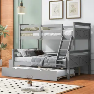 Twin Over Full Bunk Bed with Trundle, Solid Wood Bunk Bed Frame with Ladder and Safety Guardrail, Teens Adults