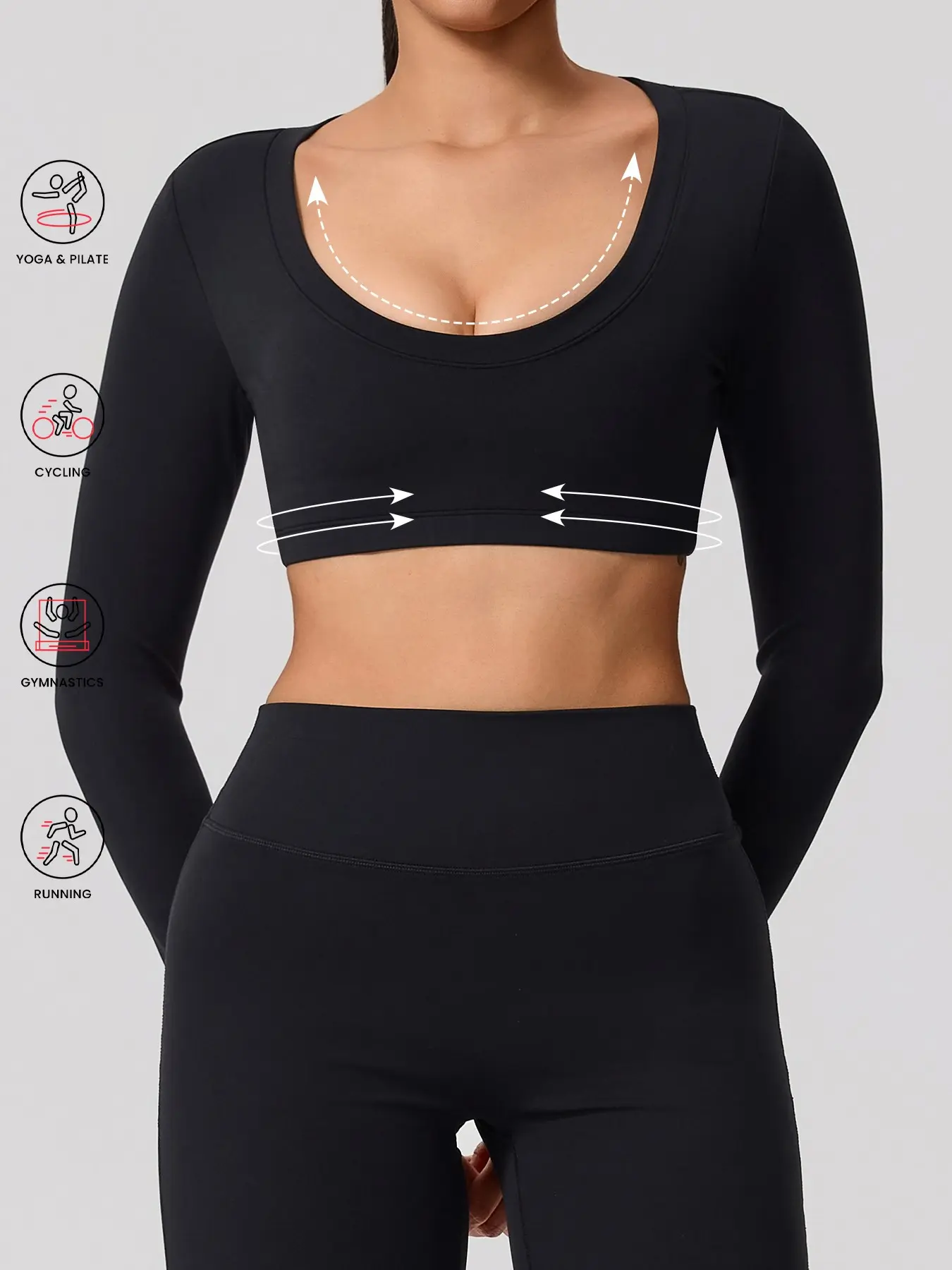 1 count Only Long-sleeved Tops Women's Backless Hollow Design Long Sleeve Athletic Top, Breathable Elastic Yoga Shirt with Removable Bra Padding, U Neckline and Crop Style for Fitness, Cropped Yoga Top