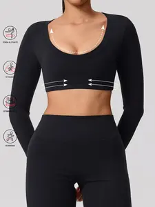 1 count Only Long-sleeved Tops Women's Backless Hollow Design Long Sleeve Athletic Top, Breathable Elastic Yoga Shirt with Removable Bra Padding, U Neckline and Crop Style for Fitness Pilates Yoga Wear, Exercise Activewear, Workout Clothes