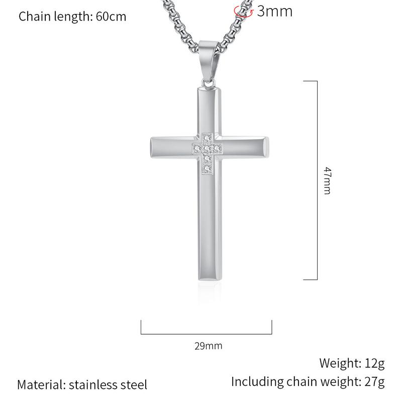 Mens Cross Necklace, Cubic Zirconia Cross Necklace Religious Jewelry for Women Stainless Steel Chain 24 Inch