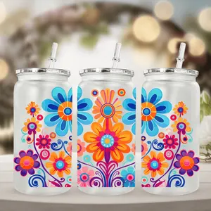 1pc 16oz Water Bottle, cartoon flower printed water cup, cup set, accompanying cup, straw cup, coffee cup, Christmas gift Valentine's Day, Mother's Day suitable for gifts