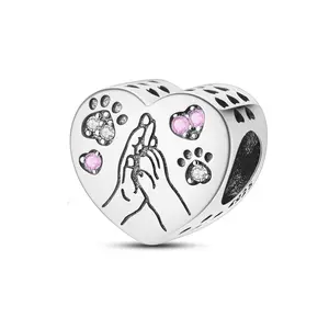 MULA S925 Silver-plated Heart Pendant with Paw Print and Holding Hands Design - Matches with Pandora Bracelets and Necklaces, Perfect Gift for Pet Lovers, Girls, Women on Valentine's Day