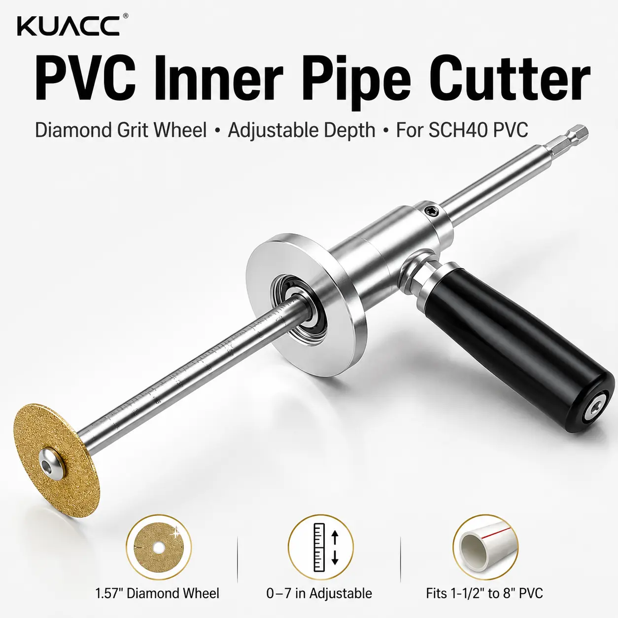 PVC Pipe Inside Cutter with Diamond Grit Cutting Wheel & 7 Inch Adjustable Depth 1/4 Inch Hex Shank Compatible with Impact Drivers and Drills