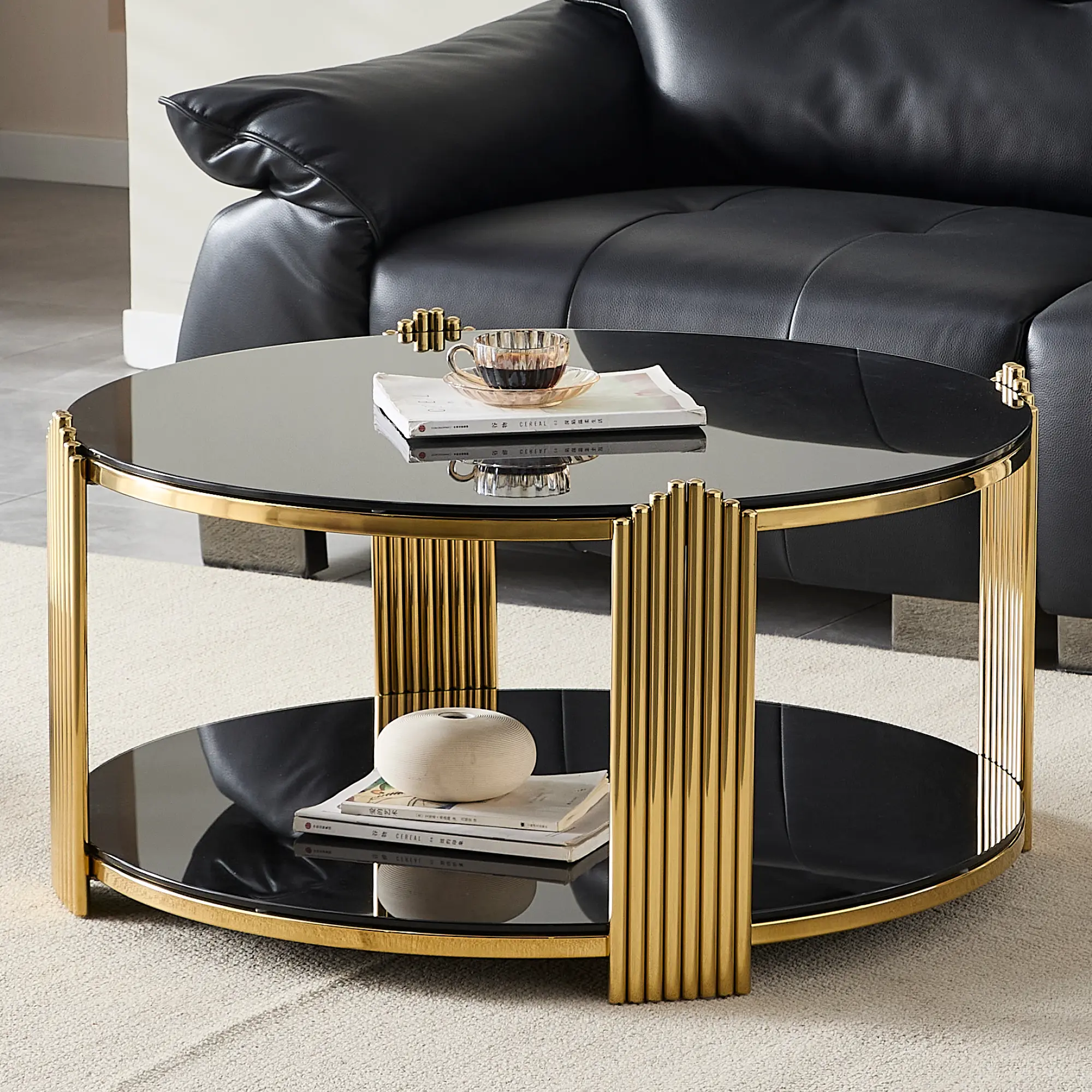 Gold Round Glass Coffee Table, 35.16" Modern Luxury Black Gold Glass Coffee Table, Double-Layer Tempered Black Glass & Gold Stainless Steel Frame Living Room Table,Accent Furniture for Living Room,Easy Assembly