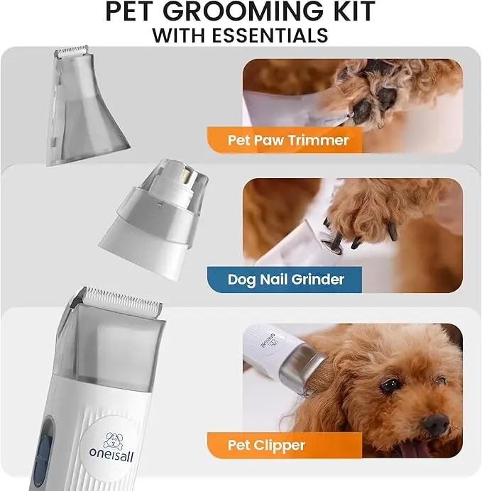 Oneisall Pet Grooming Kit & Vacuum, 1.5L Dog Vacuum Brush for SheddingGrooming, 7-in-1 Pet Grooming ultra silent Vacuum,DogClippers with Grooming Tool