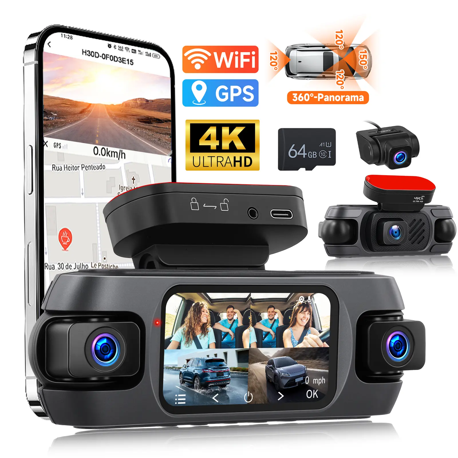 RIMOODY 4K 360° 4-Channel Dash Cam (Dashcam Vehicle, Driving Camera) - 3in Screen, Front, Rear, Left, Right, Inside, WiFi, GPS, Night Vision, G Sensor, 24/7 Parking Mode, Loop Recording, 64GB TF Card