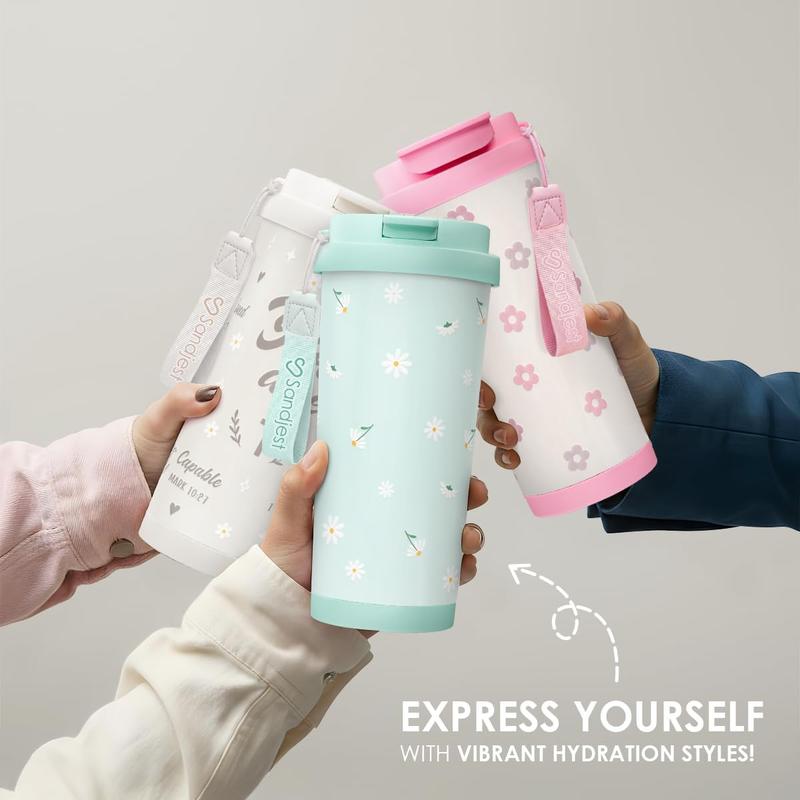 Sandjest 18oz Insulated Stainless Steel Coffee Tumbler, Reusable Iced Coffee Cup, 2-in-1 Lid Portable Travel Mug for Office Outdoor Christmas Gift