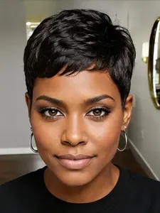 Short Pixie Cut Curly Wave Human Hair Wigs For Women Kinky Curly Wig Short Pixie Cut Style In Various Colors For Women Burgundy & Brown Short Hair Wigs With Bangs, Perfect For Parties And Music Festivals