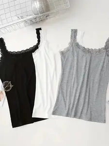 Women's Contrast Lace Sleep Cami Top Flattering Casual Fitted Sleeveless Soft Comfortable Breathable Spaghetti Strap Sleep Top for Daily Wear, Ladies Sleepwear for All Seasons, Underwear