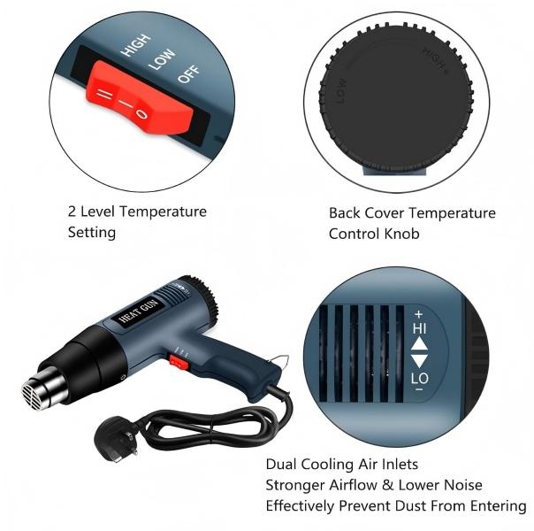LCD Display Heat Shrink Tool Kit, 4 Nozzles Included, Multi-Function Hand Tool for Vinyl Wrap, Shrink PVC, Paint Removal & Home DIY, US Plug