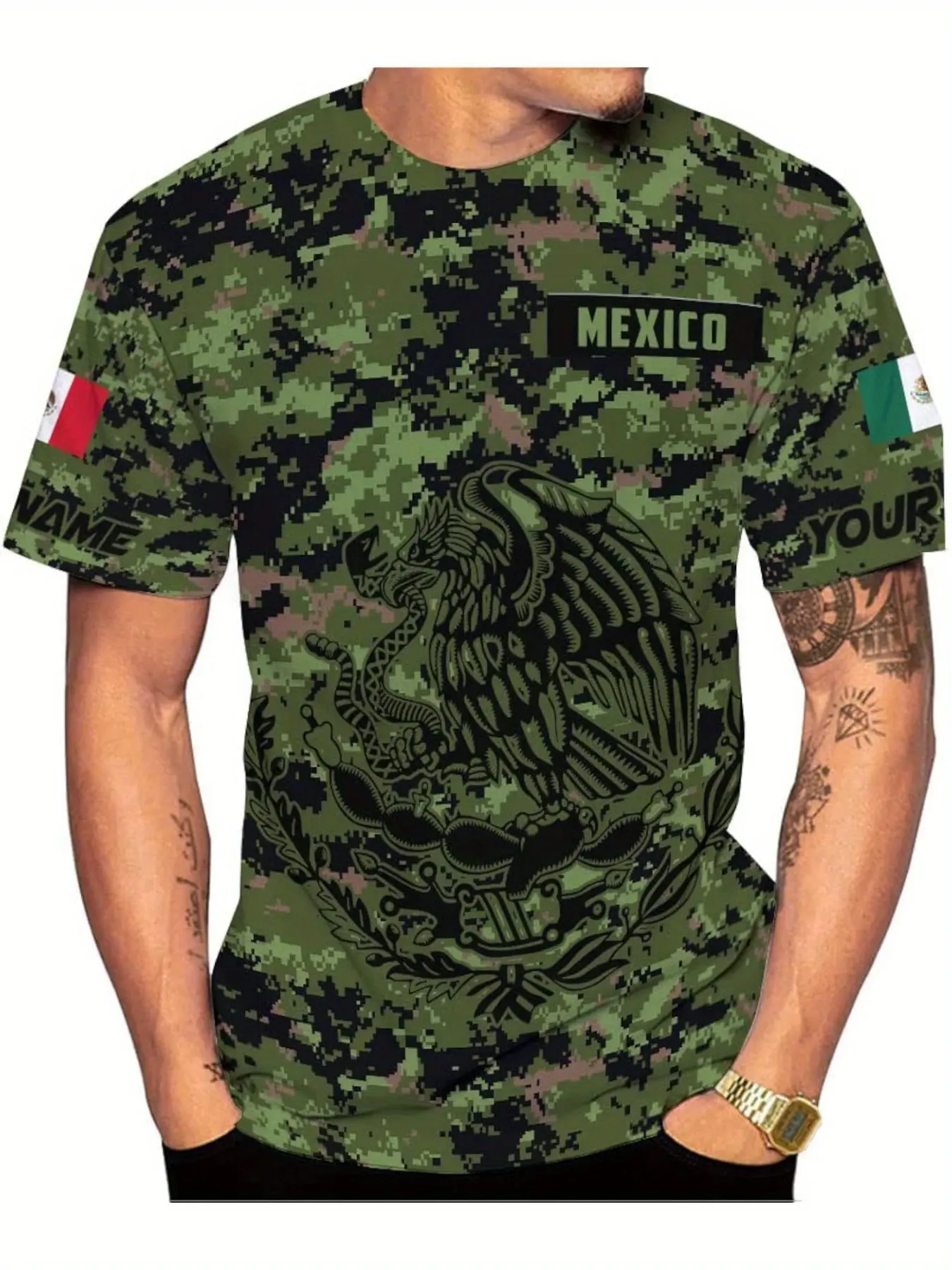 Mexican flag camouflage shirt, men's summer 3D printed Ethnic Casual Graphic Tee, T-shirt, birthday, Father's Day gift, suitable for men, women, family and friends, loose fit short sleeve crew neck T-shirt, summer top streetwear, sizes S to 4XL