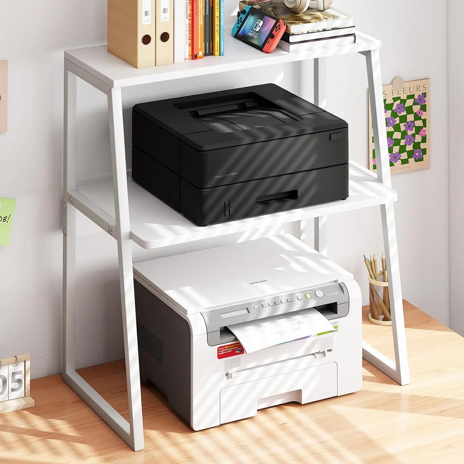 Printer Stand for Desk, Desktop Printer Shelf, 3 Tier Desk Shelf for top of Desk, Large Printer Stands Office Organization Shelves for Home Office Printer Fax Book, White
